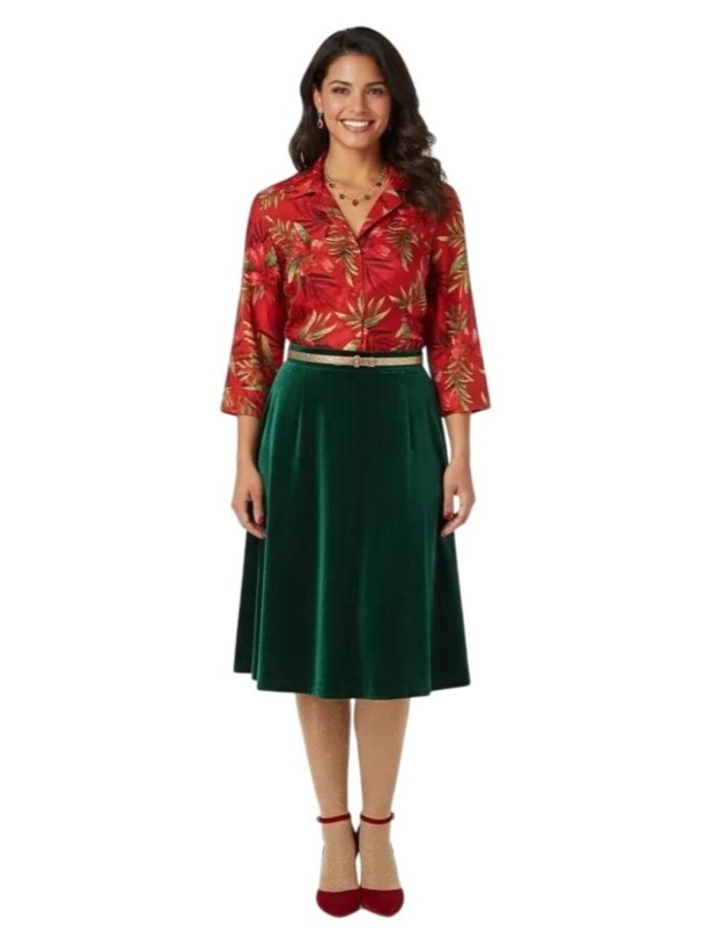 Silkland 100% Pure Silk Red Floral Print Button Front 3/4 Sleeve Shirt Size 10